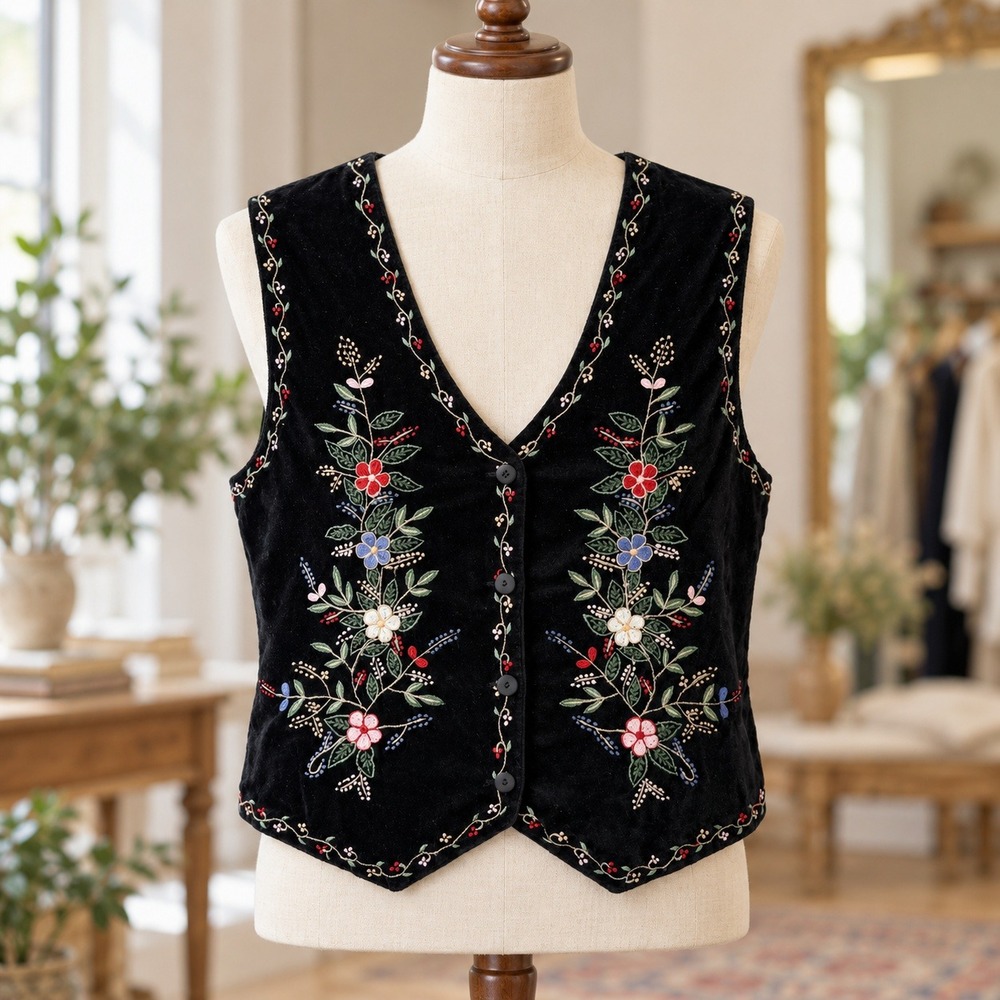 Keren Hart Velvet Vest Women XL Black Floral Embroidered Button Cottagecore - Picture 2 of 13